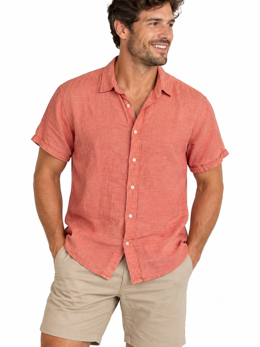 Perry Ellis Linen Cotton Shirt XL Coral Short Sleeve Button Up Resort Summer